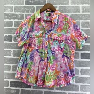 Lauren Ralph Lauren  Bright Colorful floral button short sleeve top size large